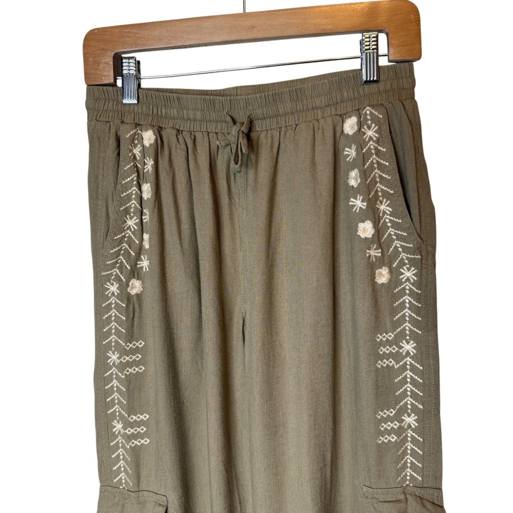 Paparazzi Linen Cargo Pants Embroidered Boho Resort Wear Lagenlook Coastal sz S - Picture 2 of 5